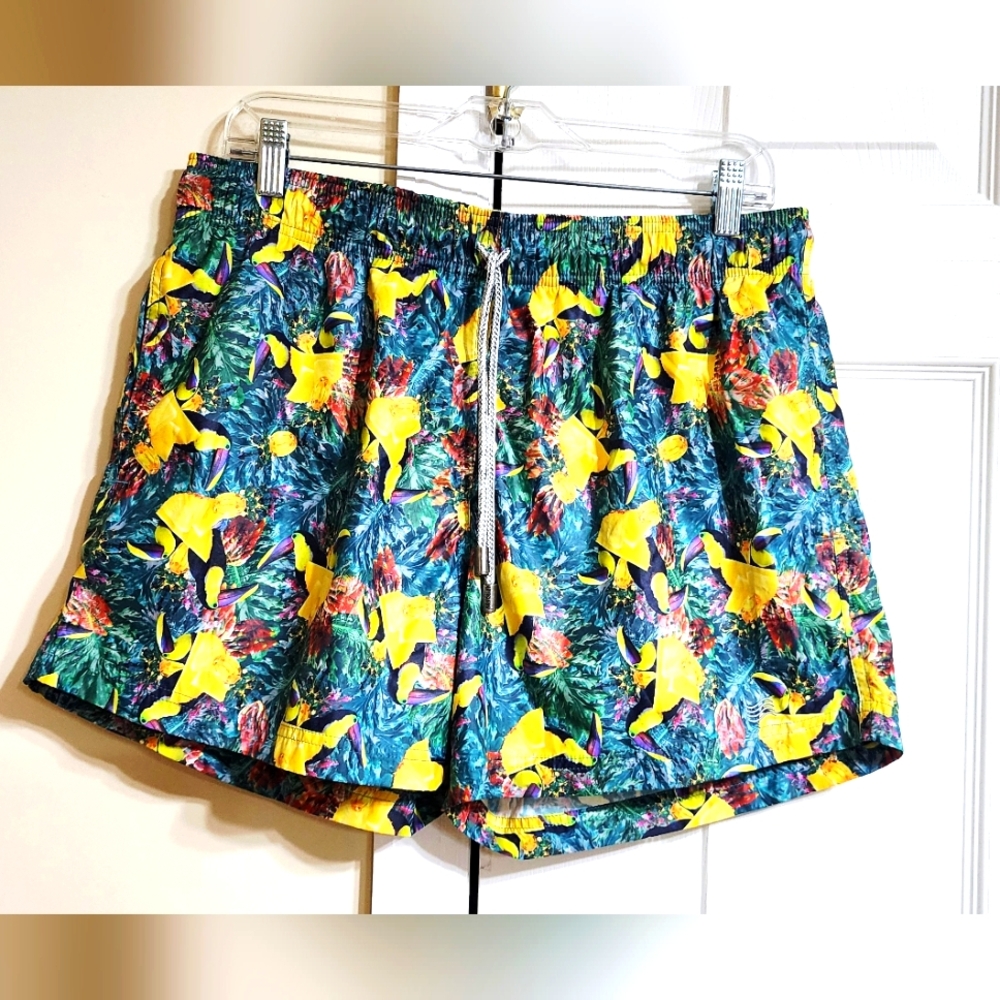 Mayaguana Yellow and Green Athletic Shorts with Drawstring Waist
